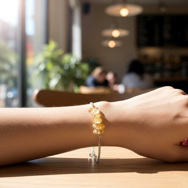 أسوارة سلسلة فضية بأحجار السترين الطبيعية المكسرة بالأصفر الفاتح الشفاف