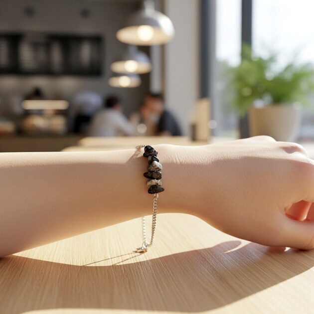 أسوارة فضية بأحجار تورمالين سوداء مكسرة على معصم امرأة