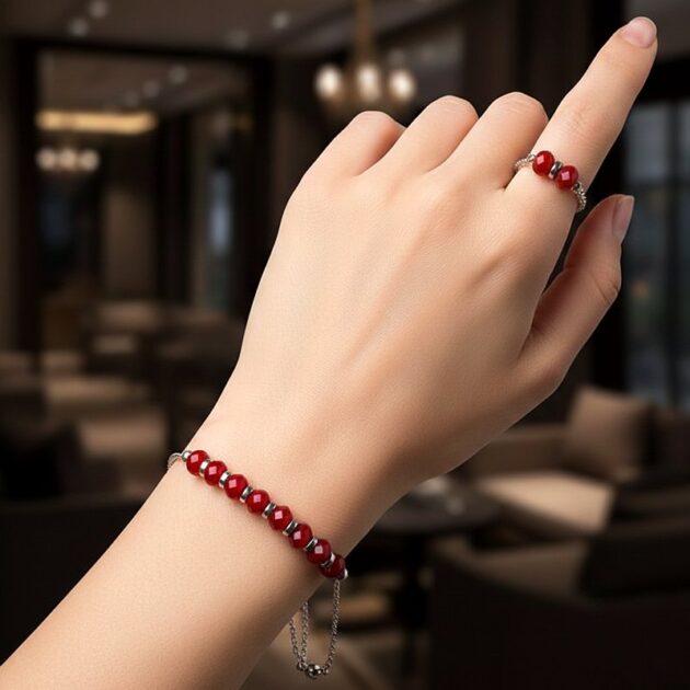 طقم أسوارة وخاتم بخرز كريستال أحمر على يد امرأة
