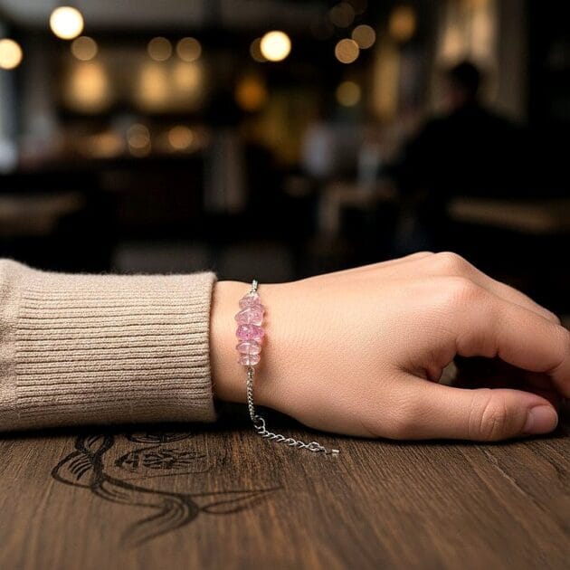 أسوارة فضية بأحجار كوارتز وردي طبيعية على معصم امرأة