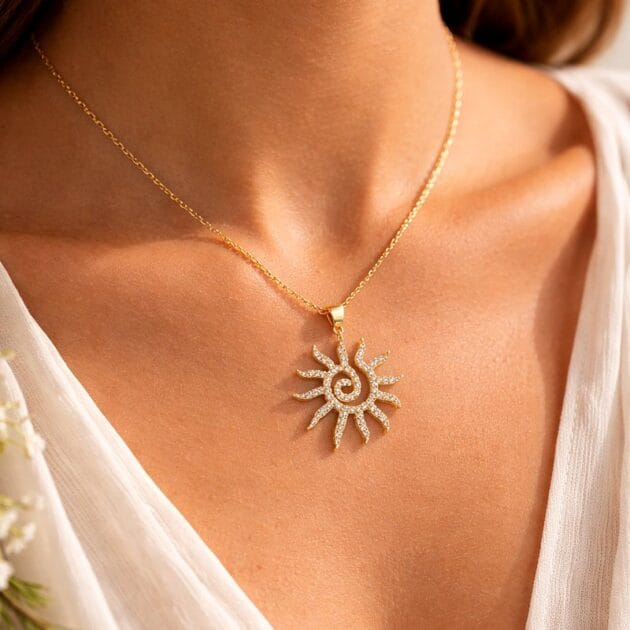 طوق ذهبي بتعليقة شمس مرصعة لامعة.