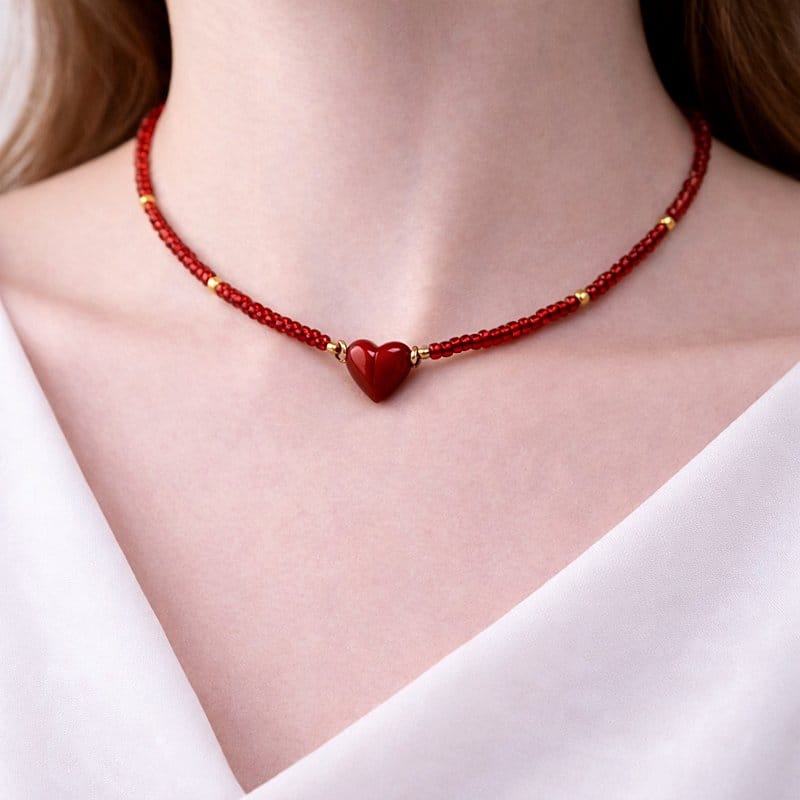 طوق خرز أحمر بتعليقة قلب أنيقة.